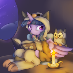Size: 1200x1200 | Tagged: safe, artist:alasou, character:owlowiscious, character:twilight sparkle, character:twilight sparkle (alicorn), species:alicorn, species:owl, species:pony, animal costume, book, candle, clothing, costume, cute, female, mare, twiabetes