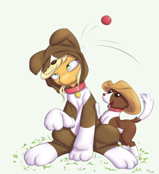 Size: 1050x1150 | Tagged: safe, artist:alasou, character:applejack, character:winona, species:dog, species:earth pony, species:pony, animal costume, ball, clothing, collar, costume, female, hat, mare, pet, role reversal, simple background, sitting, tongue out, white background