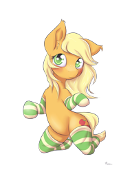 Size: 1000x1300 | Tagged: safe, artist:alasou, character:applejack, bipedal, blushing, clothing, cute, ear fluff, female, kneeling, looking at you, loose hair, simple background, socks, solo, striped socks, transparent background
