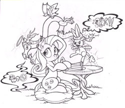 Size: 800x690 | Tagged: safe, artist:dfectivedvice, character:angel bunny, character:fluttershy, cake, food, grayscale, halo, lineart, magic, monochrome, pet, pictogram, prehensile tail, shoulder consciences, sitting, suspended, table, teasing, traditional art