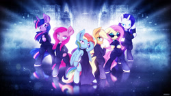 Size: 3840x2160 | Tagged: safe, artist:alasou, artist:romus91, character:applejack, character:fluttershy, character:pinkamena diane pie, character:pinkie pie, character:rainbow dash, character:rarity, character:twilight sparkle, character:twilight sparkle (alicorn), species:alicorn, species:pony, bipedal, clothing, dress, earring, female, little black dress, mane six, mare, rainbow dash always dresses in style, shoes, side slit, suit, sunglasses, wallpaper