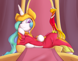 Size: 1475x1150 | Tagged: safe, artist:alasou, character:philomena, character:princess celestia, species:alicorn, species:phoenix, species:pony, accessory swap, clothing, costume, cute, cutelestia, female, leaning, looking at you, mare, on back, role reversal, smiling