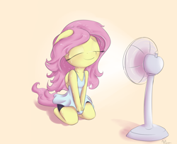 Size: 1850x1500 | Tagged: safe, artist:alasou, character:fluttershy, species:anthro, blushing, cleavage, cute, fan, female, hot, kneeling, messy mane, shyabetes, smiling, solo, sweat