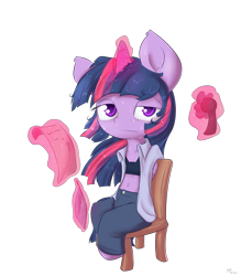 Size: 1375x1500 | Tagged: safe, artist:alasou, character:twilight sparkle, character:twilight sparkle (alicorn), species:alicorn, species:anthro, belly button, chair, clothing, fan, female, frown, looking at you, magic, messy mane, midriff, open clothes, quill, raised eyebrow, scroll, sitting, solo, sports bra, sweat, telekinesis