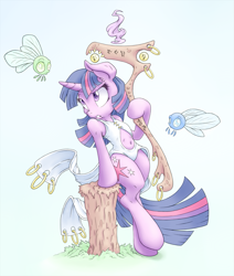 Size: 1273x1500 | Tagged: safe, artist:chromaskunk, artist:dfectivedvice, character:twilight sparkle, species:pony, belly button, bipedal, clothing, colored, glyph, parasprite, semi-anthro, staff