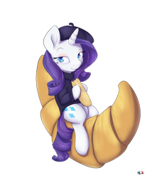 Size: 1500x1750 | Tagged: safe, artist:alasou, character:rarity, species:pony, species:unicorn, g4, baguette, beatnik rarity, beret, bread, clothing, croissant, eyeshadow, female, food, french, hat, looking at you, mare, solo, sweater, turtleneck