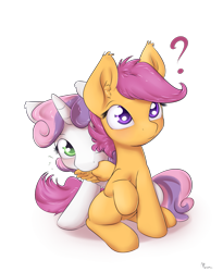 Size: 1125x1375 | Tagged: safe, artist:alasou, character:scootaloo, character:sweetie belle, species:pegasus, species:pony, species:unicorn, ship:scootabelle, blushing, cute, cutealoo, diasweetes, female, filly, lesbian, preening, question mark, shipping