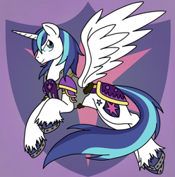 Size: 724x730 | Tagged: safe, artist:anime-apothecary, artist:dfectivedvice, character:shining armor, species:alicorn, species:pony, abstract background, alicornified, armor, colored, colored hooves, cutie mark background, horseshoes, male, male alicorn, prince shining armor, race swap, solo, stallicorn, stallion, unshorn fetlocks
