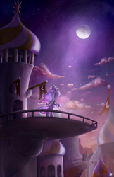 Size: 1100x1699 | Tagged: safe, artist:bobdude0, character:princess luna, balcony, banner, canterlot, leaning, looking up, moon, moonlight, night, raised hoof, scenery, scenery porn, solo, stars, technical advanced