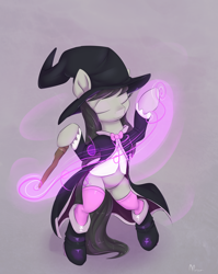Size: 1550x1950 | Tagged: safe, artist:alasou, character:octavia melody, clothing, eyes closed, hat, jacket, music, music notes, smiling, solo, stockings, thigh highs, wand, witch, witch hat
