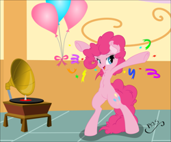 Size: 981x815 | Tagged: safe, artist:dfectivedvice, artist:midnightblitzz, character:pinkie pie, species:earth pony, species:pony, balloon, bipedal, chest fluff, confetti, cute, ear fluff, female, mare, party, smiling, solo, streamers, underhoof, vector
