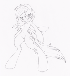 Size: 743x800 | Tagged: safe, artist:dfectivedvice, character:rainbow dash, species:pegasus, species:pony, belly button, bipedal, black and white, female, grayscale, mare, monochrome, simple background, sketch, solo, standing, white background