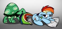 Size: 1600x748 | Tagged: safe, artist:arthur9078, artist:dfectivedvice, character:rainbow dash, character:tank, biting, pillow, tail bite, tail pull