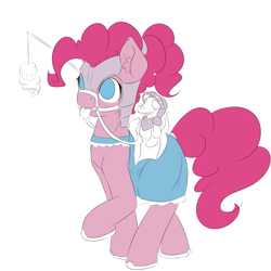 Size: 953x954 | Tagged: safe, artist:alasou, character:gummy, character:pinkie pie, armor, bit, blep, bridle, carrot on a stick, chamfron, clothing, costume, cupcake, dress, drool, ear fluff, eyes on the prize, helmet, horses doing horse things, horseshoes, raised hoof, reins, saddle, smiling, tongue out, wip