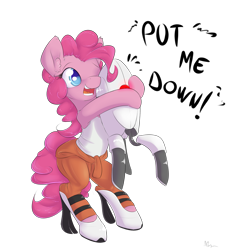 Size: 1875x2000 | Tagged: safe, artist:alasou, character:pinkie pie, species:earth pony, species:pony, bipedal, chell, clothing, colored pupils, crossover, cute, dialogue, diapinkes, duo, ear fluff, hug, open mouth, portal (valve), simple background, tank top, transparent background, turret
