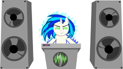 Size: 8000x4515 | Tagged: safe, artist:ambassad0r, character:dj pon-3, character:vinyl scratch, species:pony, species:unicorn, absurd resolution, female, horn, mare, simple background, smiling, solo, soundwave, speakers, transparent background, vector