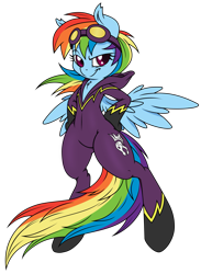 Size: 2929x4001 | Tagged: safe, artist:bork88, artist:dfectivedvice, character:rainbow dash, species:pegasus, species:pony, absurd resolution, bipedal, chest fluff, clothing, costume, female, goggles, grin, mare, semi-anthro, shadowbolt dash, shadowbolts, shadowbolts costume, simple background, solo, transparent background, vector