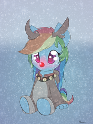Size: 900x1200 | Tagged: safe, artist:alasou, character:rainbow dash, animal costume, antlers, bells, chibi, clothing, collar, cute, dashabetes, red nose, reindeer dash, rudolph dash, rudolph the red nosed reindeer, sitting, snow, snowfall, solo, winter