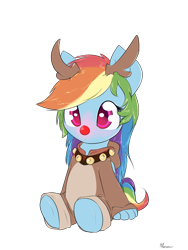Size: 900x1200 | Tagged: safe, alternate version, artist:alasou, character:rainbow dash, ambiguous facial structure, animal costume, antlers, background removed, bell, bell collar, bells, chibi, clothing, collar, cute, dashabetes, jingle bells, red nose, reindeer dash, rudolph dash, rudolph the red nosed reindeer, simple background, sitting, solo, transparent background