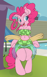 Size: 488x800 | Tagged: safe, artist:dfectivedvice, character:pinkie pie, species:anthro, species:pony, species:unguligrade anthro, adorasexy, arm hooves, belly, belly button, bikini, breasts, clothing, colored sketch, cute, diapinkes, ear fluff, female, mare, open mouth, pool noodle, pool toy, sexy, smiling, solo, swimsuit