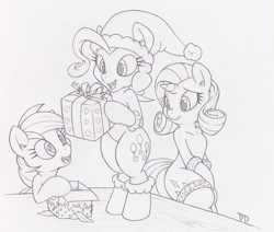 Size: 1000x848 | Tagged: safe, artist:dfectivedvice, character:pinkie pie, character:rainbow dash, character:rarity, species:pony, bipedal, clothing, grayscale, hat, monochrome, present, santa hat, socks, traditional art