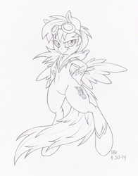 Size: 628x800 | Tagged: safe, artist:dfectivedvice, character:rainbow dash, species:pegasus, species:pony, bipedal, clothing, female, grayscale, mare, monochrome, shadowbolts, shadowbolts costume, signature, simple background, sketch, solo, traditional art, white background