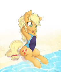 Size: 1700x2000 | Tagged: safe, artist:alasou, character:applejack, species:earth pony, species:pony, armpits, clothing, ear fluff, female, hair tie, loose hair, mare, mouth hold, one-piece swimsuit, open-back swimsuit, solo, sports swimsuit, swimming pool, swimsuit