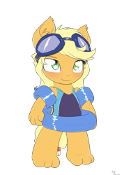 Size: 1200x1600 | Tagged: safe, artist:alasou, character:applejack, species:anthro, bipedal, chibi, clothing, female, floaty, goggles, inner tube, one-piece swimsuit, open-back swimsuit, simple background, smiling, solo, sports swimsuit, swimsuit, toes, transparent background, water wings