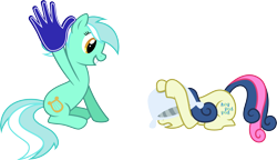Size: 5000x2883 | Tagged: safe, artist:ambassad0r, character:bon bon, character:lyra heartstrings, character:sweetie drops, absurd resolution, bon bon is not amused, foam finger, humie, missing horn, pillow, simple background, transparent background, vector