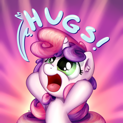 Size: 1400x1400 | Tagged: safe, artist:bobdude0, character:sweetie belle, species:pony, species:unicorn, cute, dialogue, diasweetes, female, filly, hug, hug request, open mouth, pink background, simple background, solo