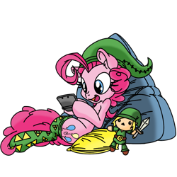 Size: 2000x2000 | Tagged: safe, alternate version, artist:dfectivedvice, artist:pananovich, character:pinkie pie, 3ds, clothing, link, playing, plushie, simple background, solo, stockings, the legend of zelda, transparent background