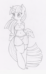 Size: 632x1000 | Tagged: safe, artist:dfectivedvice, character:twilight sparkle, character:twilight sparkle (alicorn), species:alicorn, species:anthro, belly button, female, grayscale, monochrome, solo