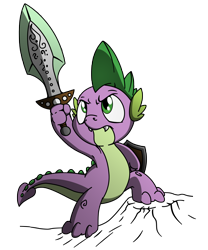 Size: 2500x3000 | Tagged: safe, artist:dfectivedvice, artist:pananovich, character:spike, species:dragon, male, shield, simple background, solo, sword, transparent background, weapon