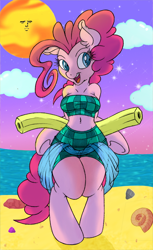 Size: 488x800 | Tagged: safe, artist:dfectivedvice, artist:firebird145, character:pinkie pie, species:anthro, species:pony, arm hooves, beach, belly button, bikini, clothing, female, mare, meme, open mouth, pool noodle, pool toy, semi-anthro, solo, sun, swimsuit, yaranaika