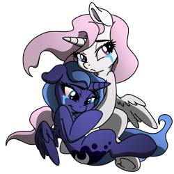Size: 2500x2500 | Tagged: safe, artist:dfectivedvice, artist:pananovich, character:princess celestia, character:princess luna, cewestia, crying, cute, filly, floppy ears, hug, simple background, sitting, smiling, transparent background, underhoof, woona