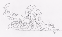Size: 1000x607 | Tagged: safe, artist:dfectivedvice, character:fluttershy, species:pegasus, species:pony, belly button, blue pikmin, bondage, crossover, female, grayscale, mare, monochrome, pikmin, red pikmin, rope, this will end in tears, tied up, yellow pikmin