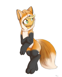 Size: 1450x1800 | Tagged: safe, artist:alasou, character:applejack, species:fox, species:pony, animal costume, bipedal, clothing, costume, cute, female, freckles, frown, hoodie, jackabetes, looking back, red fox, simple background, smiling, solo, transparent background