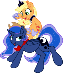Size: 7500x8665 | Tagged: safe, artist:dfectivedvice, artist:mactavish1996, character:applejack, character:princess luna, absurd resolution, accessory swap, bandana, clothing, ear fluff, happy, hat, open mouth, ponies riding ponies, scarf, simple background, smiling, smirk, transparent background, underhoof, vector
