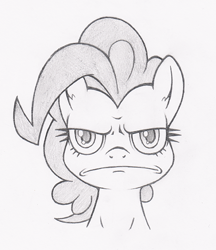 Size: 518x600 | Tagged: safe, artist:dfectivedvice, character:pinkie pie, :c, >:c, grayscale, monochrome, solo, traditional art, unamused