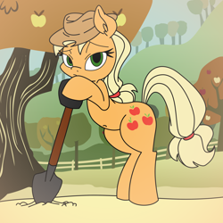 Size: 3000x3000 | Tagged: safe, artist:dfectivedvice, artist:pananovich, character:applejack, bipedal leaning, looking at you, shovel, solo