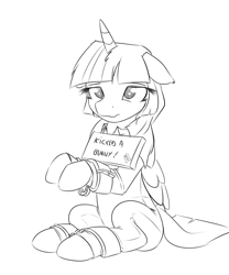 Size: 739x890 | Tagged: safe, artist:alasou, character:twilight sparkle, character:twilight sparkle (alicorn), species:alicorn, species:pony, episode:castle sweet castle, g4, my little pony: friendship is magic, clothing, cuffs, female, floppy ears, mare, monochrome, pony shaming, prison outfit, shackles, shaming, sign, sketch, solo