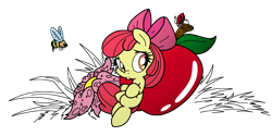Size: 3000x1500 | Tagged: safe, artist:dfectivedvice, artist:pananovich, character:apple bloom, adorabloom, apple, bee, cute, ladybug, simple background, solo, tiny, transparent background