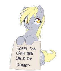 Size: 811x944 | Tagged: safe, artist:alasou, character:derpy hooves, species:pegasus, species:pony, ear fluff, female, hoof hold, looking at you, mare, nose wrinkle, scrunchy face, sign, simple background, sitting, solo, spam, white background