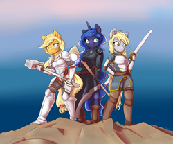 Size: 2655x2208 | Tagged: safe, artist:alasou, character:applejack, character:derpy hooves, character:princess luna, species:anthro, adventuring party, armor, clothing, dungeons and dragons, fantasy class, female, hammer, roleplaying, sword, war hammer