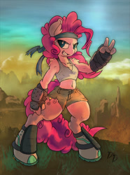 Size: 745x1000 | Tagged: safe, artist:dfectivedvice, artist:firebird145, character:pinkie pie, species:anthro, species:unguligrade anthro, badass, bandana, belly button, bipedal, chest fluff, clothing, female, midriff, peace sign, shorts, solo, tank top