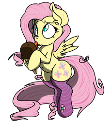 Size: 2000x2200 | Tagged: safe, artist:dfectivedvice, artist:pananovich, character:fluttershy, species:pony, belly button, bipedal, clothing, colored, cute, female, food, ice cream, ice cream cone, shyabetes, simple background, socks, solo, striped socks, tongue out, transparent background