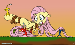 Size: 1236x750 | Tagged: safe, artist:arthur9078, artist:dfectivedvice, character:fluttershy, species:pegasus, species:pony, blue pikmin, bondage, bound, crossover, female, mare, nintendo, pikmin, red pikmin, rope, yellow pikmin