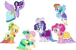 Size: 6064x4000 | Tagged: safe, artist:ambassad0r, character:applejack, character:fluttershy, character:pinkie pie, character:rainbow dash, character:rarity, character:twilight sparkle, character:twilight sparkle (alicorn), species:alicorn, species:earth pony, species:pegasus, species:pony, species:unicorn, episode:make new friends but keep discord, g4, my little pony: friendship is magic, absurd resolution, clothing, dress, female, gala dress, grand galloping gala, mane six, mare, simple background, transparent background, vector