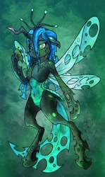 Size: 594x1000 | Tagged: safe, artist:dfectivedvice, artist:firebird145, character:queen chrysalis, belly button, colored, cracked, crying, injured, semi-anthro, solo