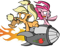 Size: 2500x2000 | Tagged: safe, artist:dfectivedvice, artist:pananovich, character:applejack, character:pinkie pie, colored, duo, riding, rocket, simple background, transparent background